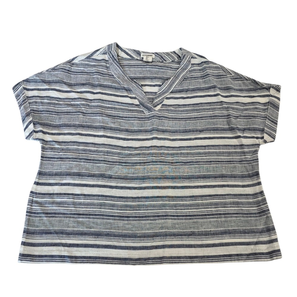 Artisan NY Top Womens Gray White L 100% Linen Striped V-Neck Short Sleeve Casual